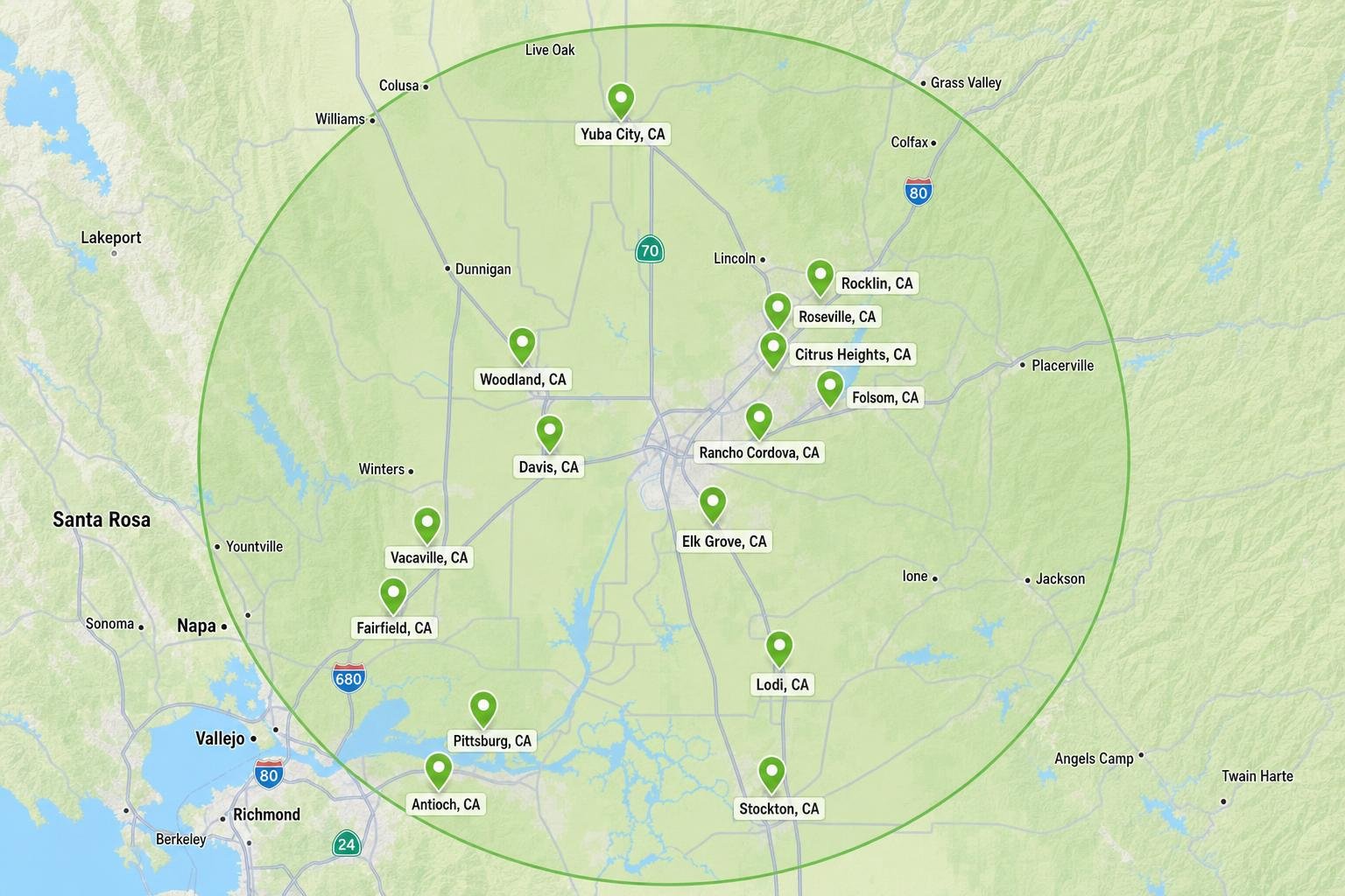 Zoomed map of the Cruz Landscaping and Design service area around Sacramento, CA