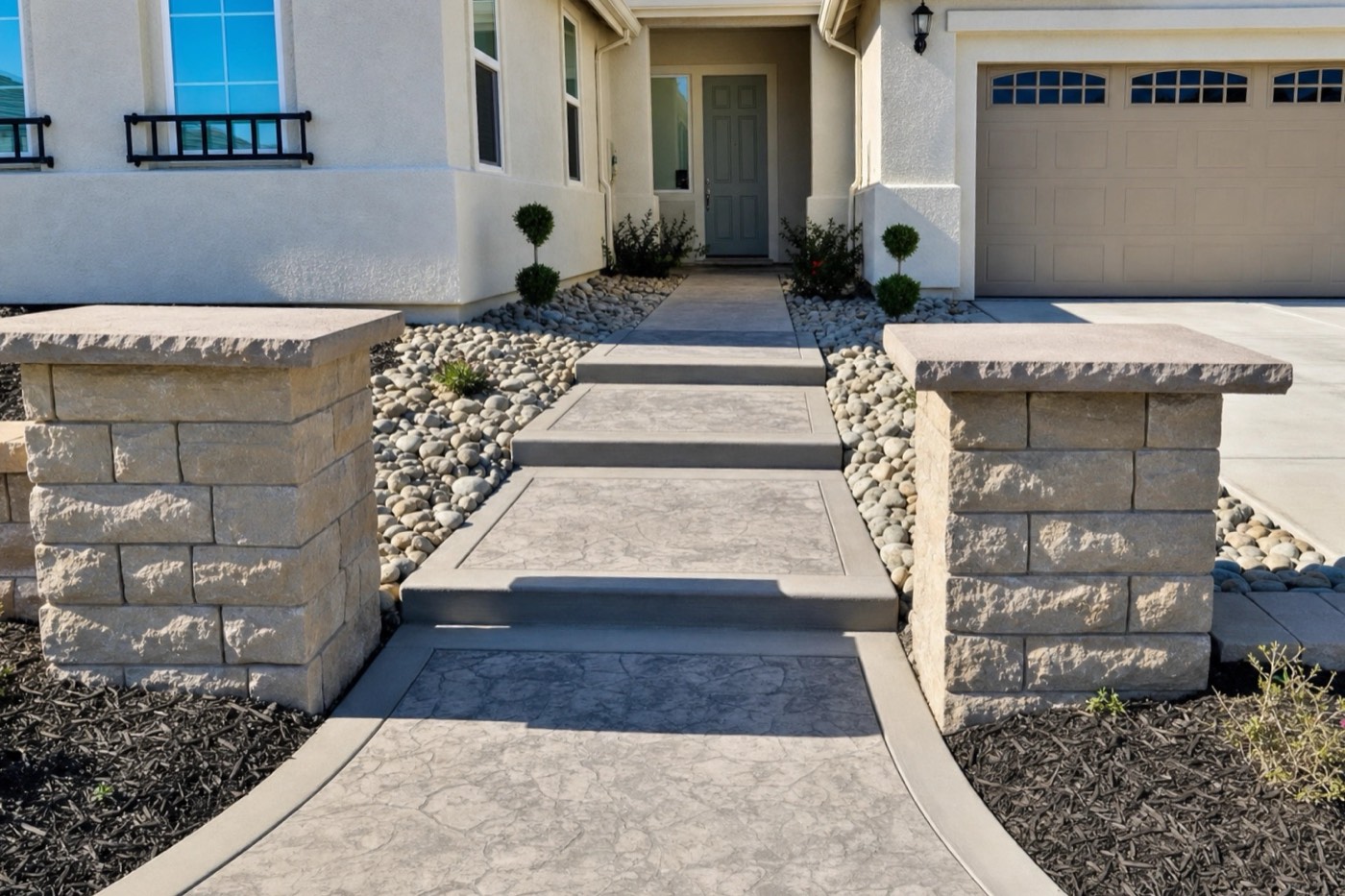 Stamped concrete walkway between stone pillars in the Greater Sacramento Area